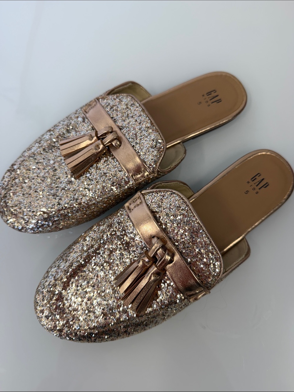 GAP Rose Gold Glitter Tassel Slip-Ons - big kids 5